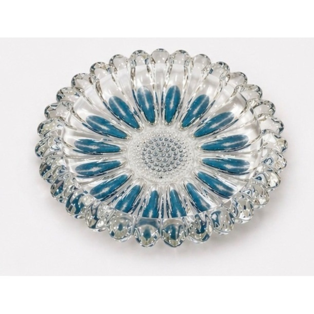 Vintage‎ Art Glass Sunflower Trinket Dish Blue Clear Scalloped Petal Bowl MCM